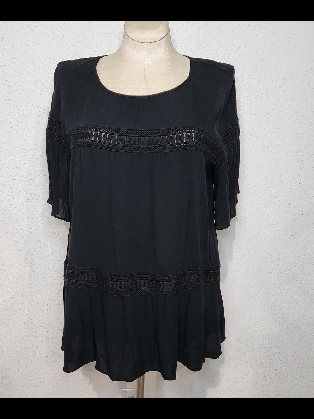 JohnPaulRichard Black Crochet-Trim Peasant Top